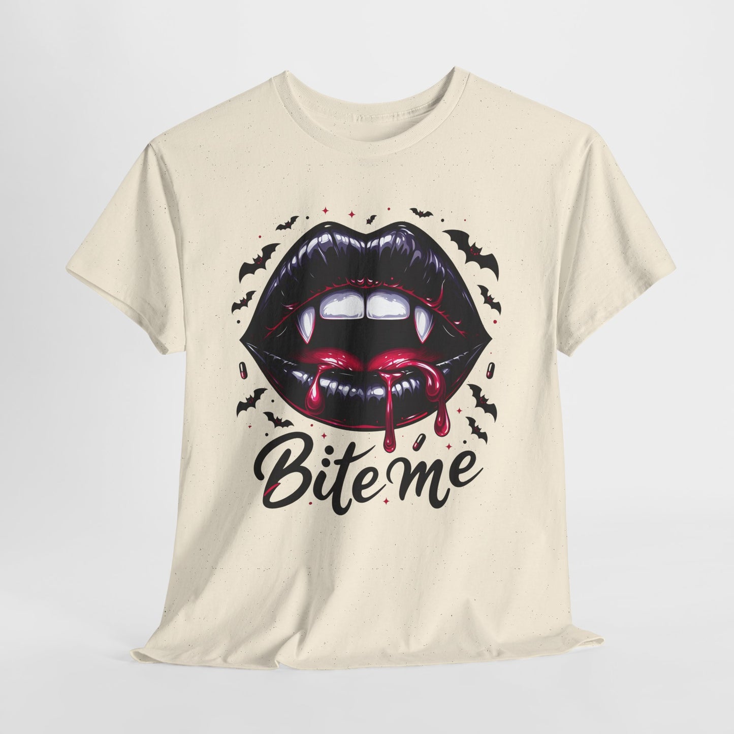 Bite Me Vampire Lips T-Shirt - Gothic Fangs & Bats Halloween Tee