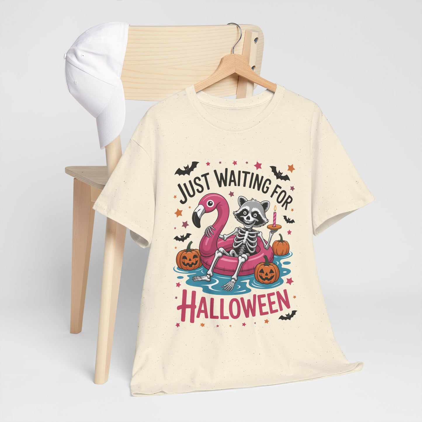 Just Waiting for Halloween T-Shirt - Raccoon Skeleton Flamingo Tee