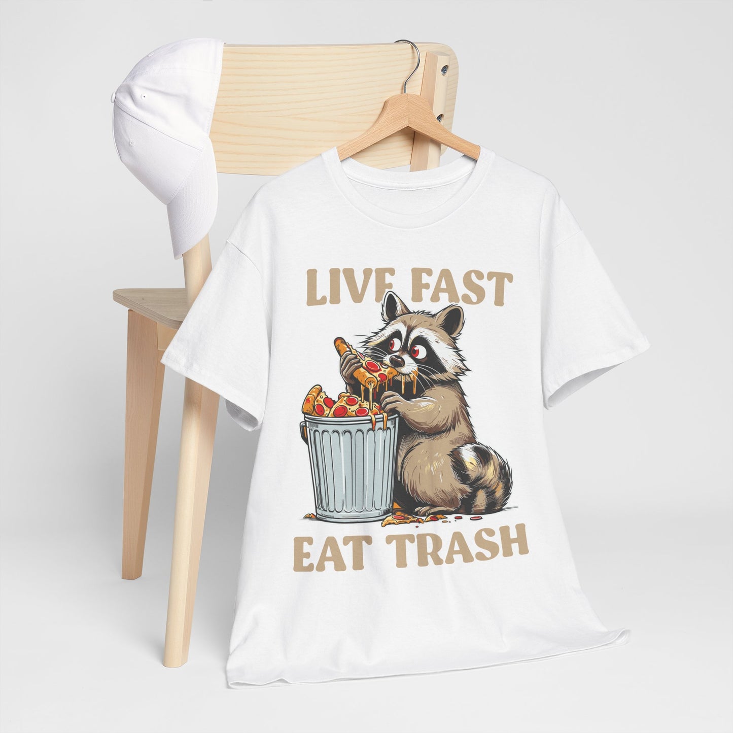 Live Fast Eat Trash Raccoon T-Shirt - Funny Pizza Meme Tee