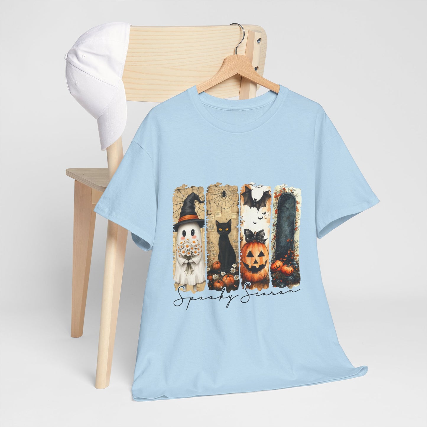 Spooky Season Panels Halloween T-Shirt with Ghost, Black Cat, Jack-O-Lantern & Bats