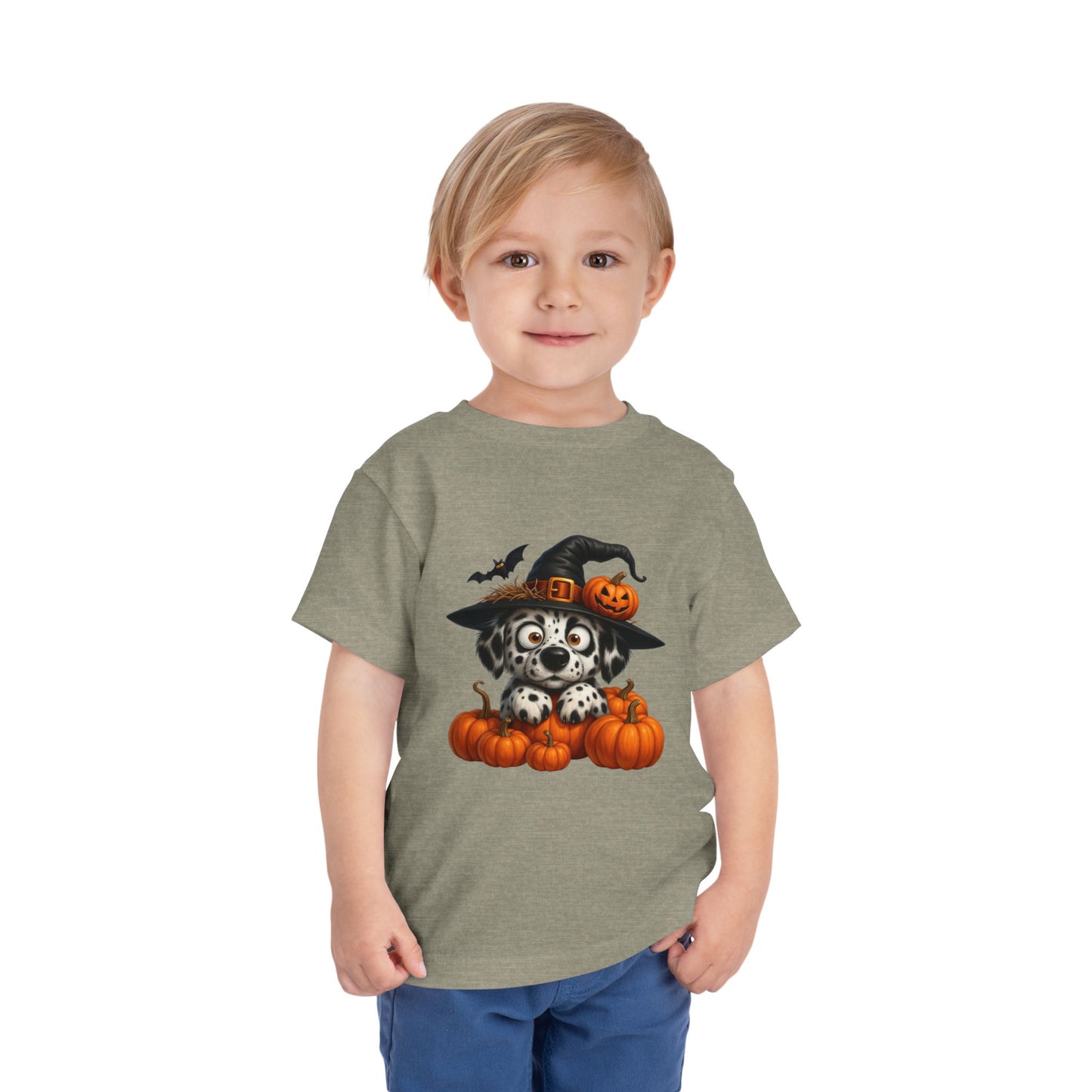 Cute Halloween Puppy Kids T-Shirt - Witch Hat & Pumpkins Toddler Tee