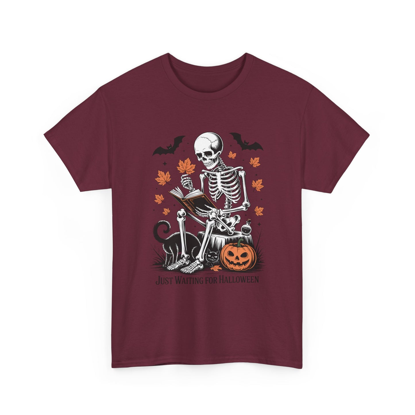 Just Waiting for Halloween T-Shirt - Cozy Spooky Skeleton Reading Tee