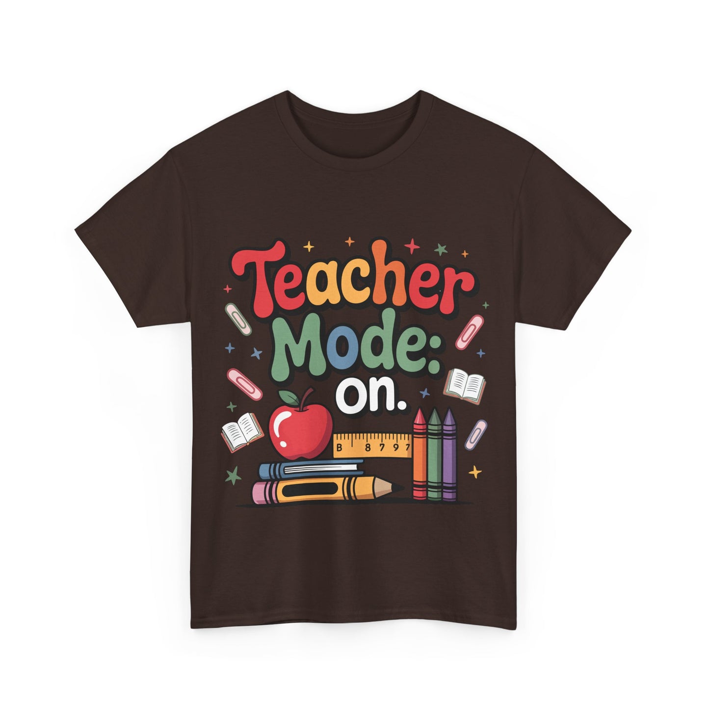 Teacher Mode On Shirt - Cute Back to School Tee with Crayons, Books & Apple, Positive Teacher Gift for Classroom Heroes