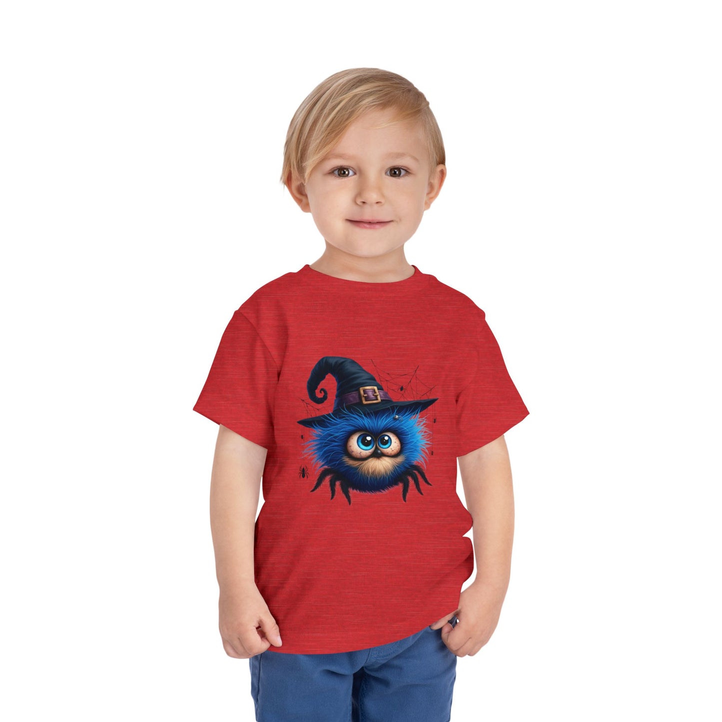Cute Blue Fuzzy Spider Kids T-Shirt - Witch Hat Halloween Toddler Tee