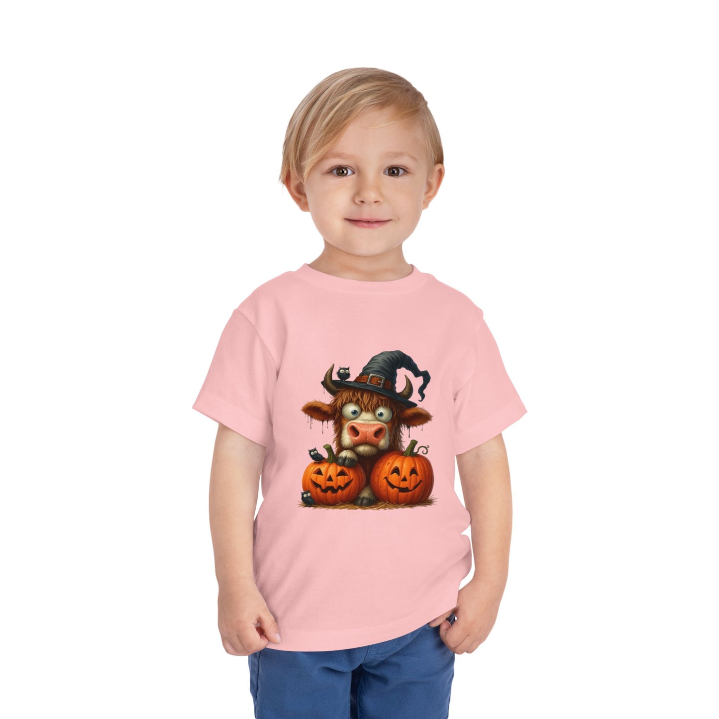Cute Highland Cow Kids T-Shirt - Witch Hat & Pumpkins Toddler Tee