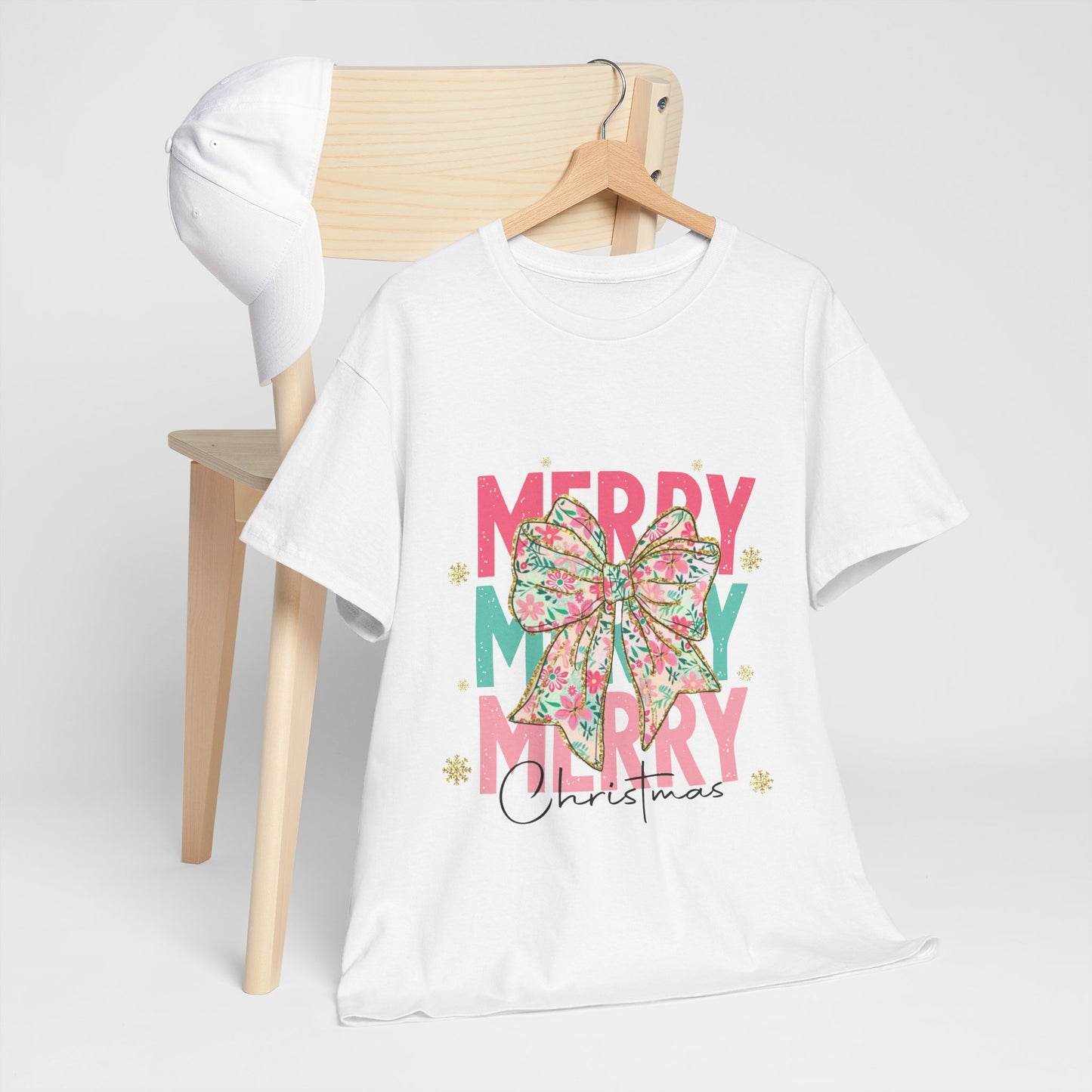 Merry Merry Merry Christmas T-Shirt - Floral Bow Pastel Tee