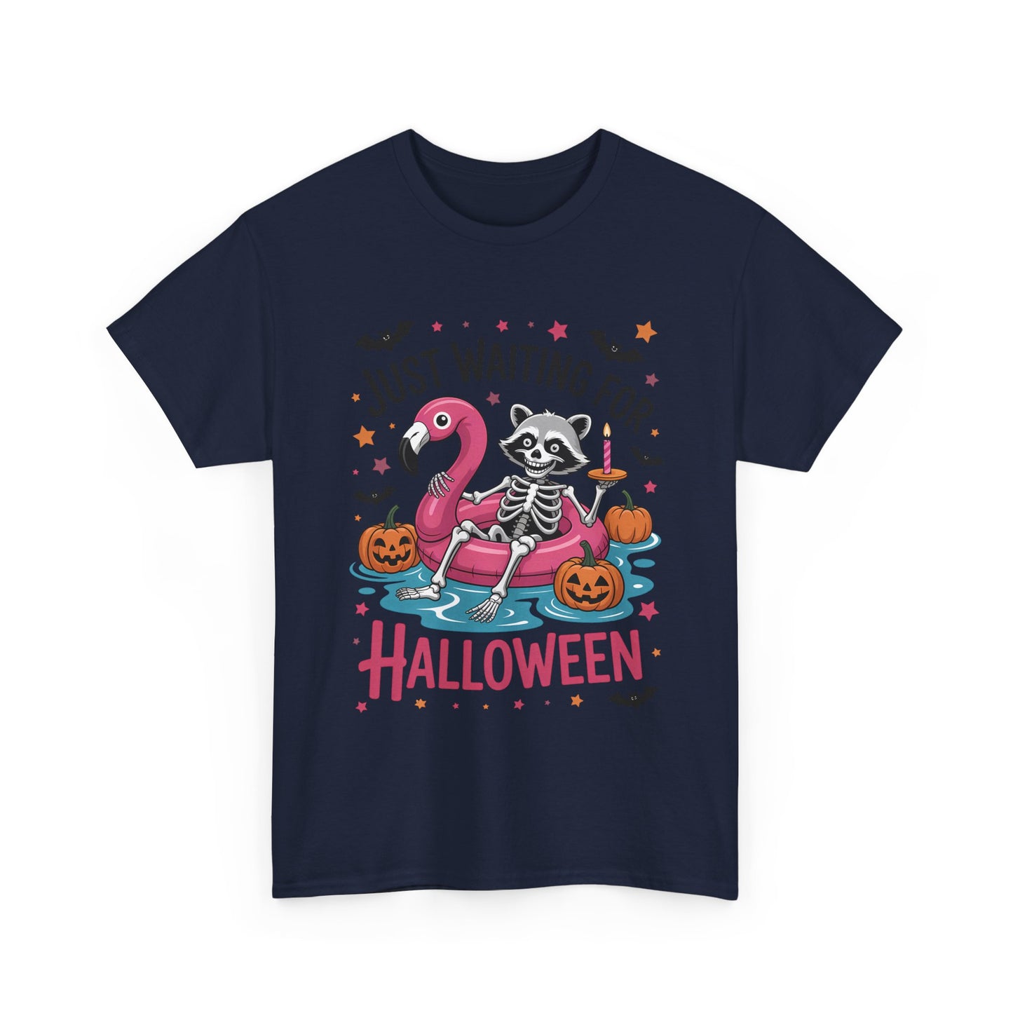 Just Waiting for Halloween T-Shirt - Raccoon Skeleton Flamingo Tee