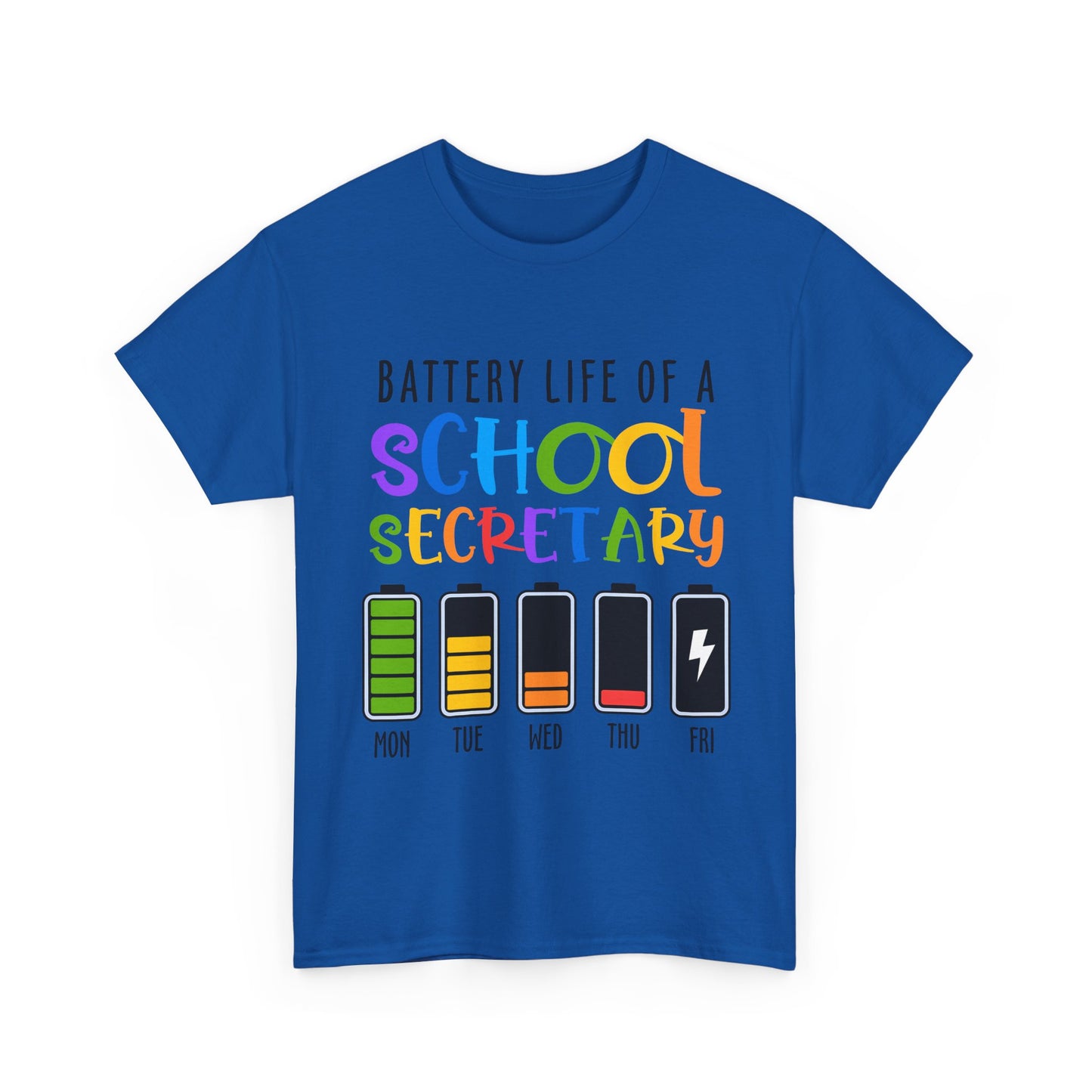 School Secretary Battery Shirt - Funny Rainbow Staff Tee for School Office Life, End of Year Exhaustion Gift for Secretaries