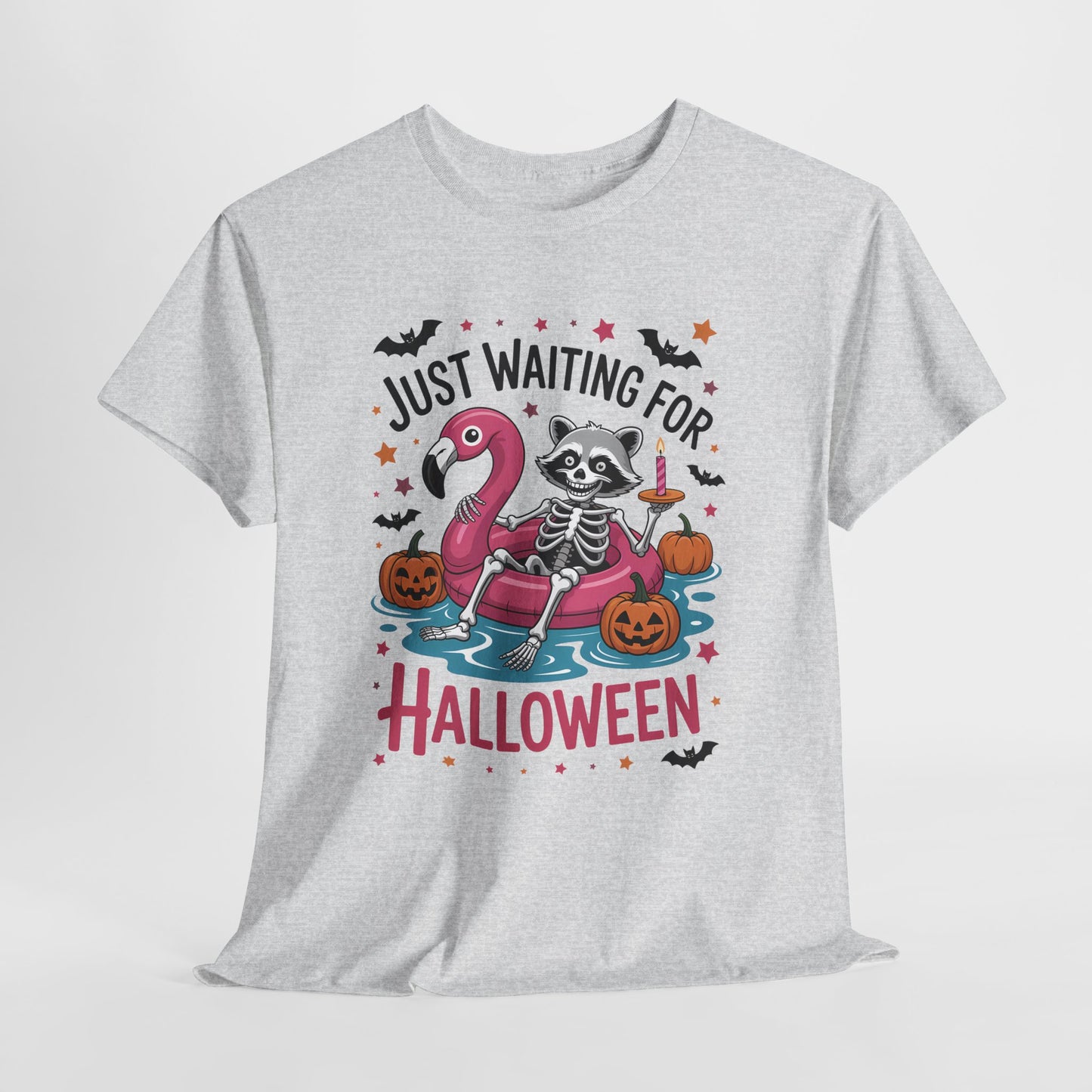 Just Waiting for Halloween T-Shirt - Raccoon Skeleton Flamingo Tee