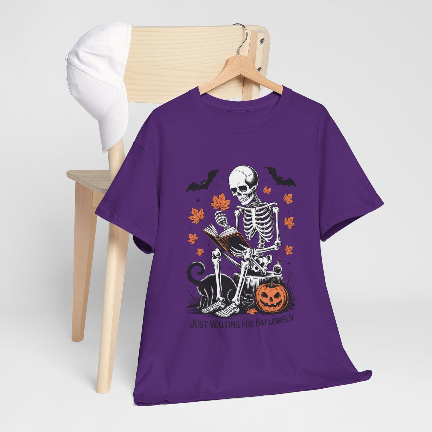 Just Waiting for Halloween T-Shirt - Cozy Spooky Skeleton Reading Tee