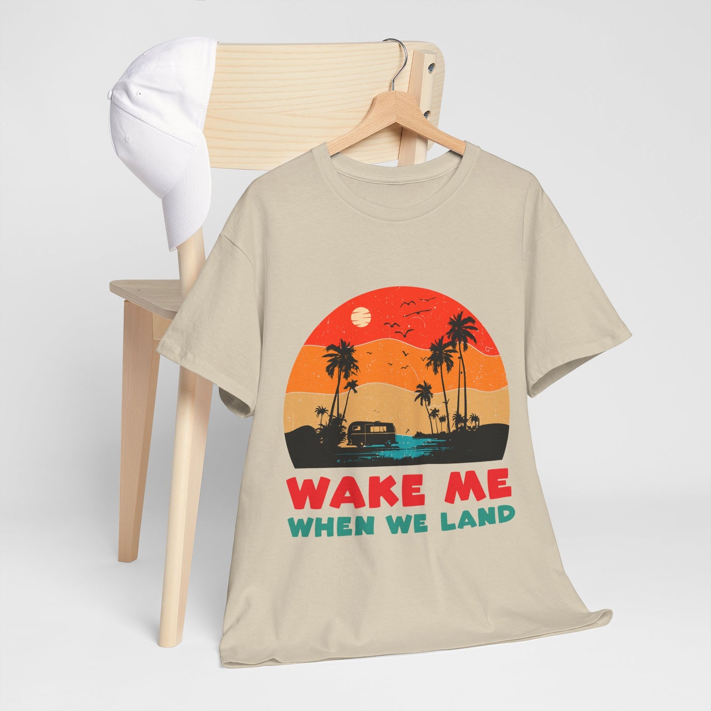 Wake Me When We Land T-Shirt - Funny Jet Lag Travel Retro Sunset Tee