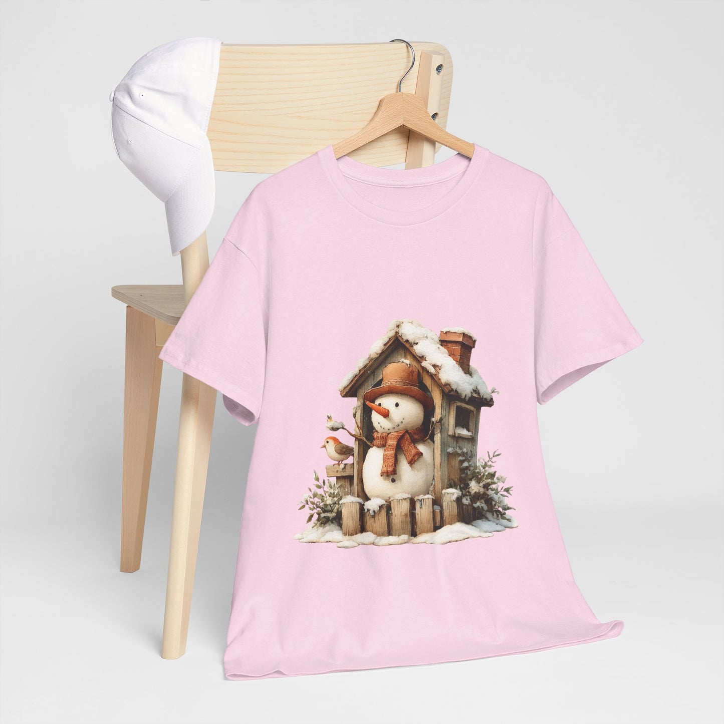 Cabin Porch Snowman Shirt - Rustic Snowman in Little House with Bird