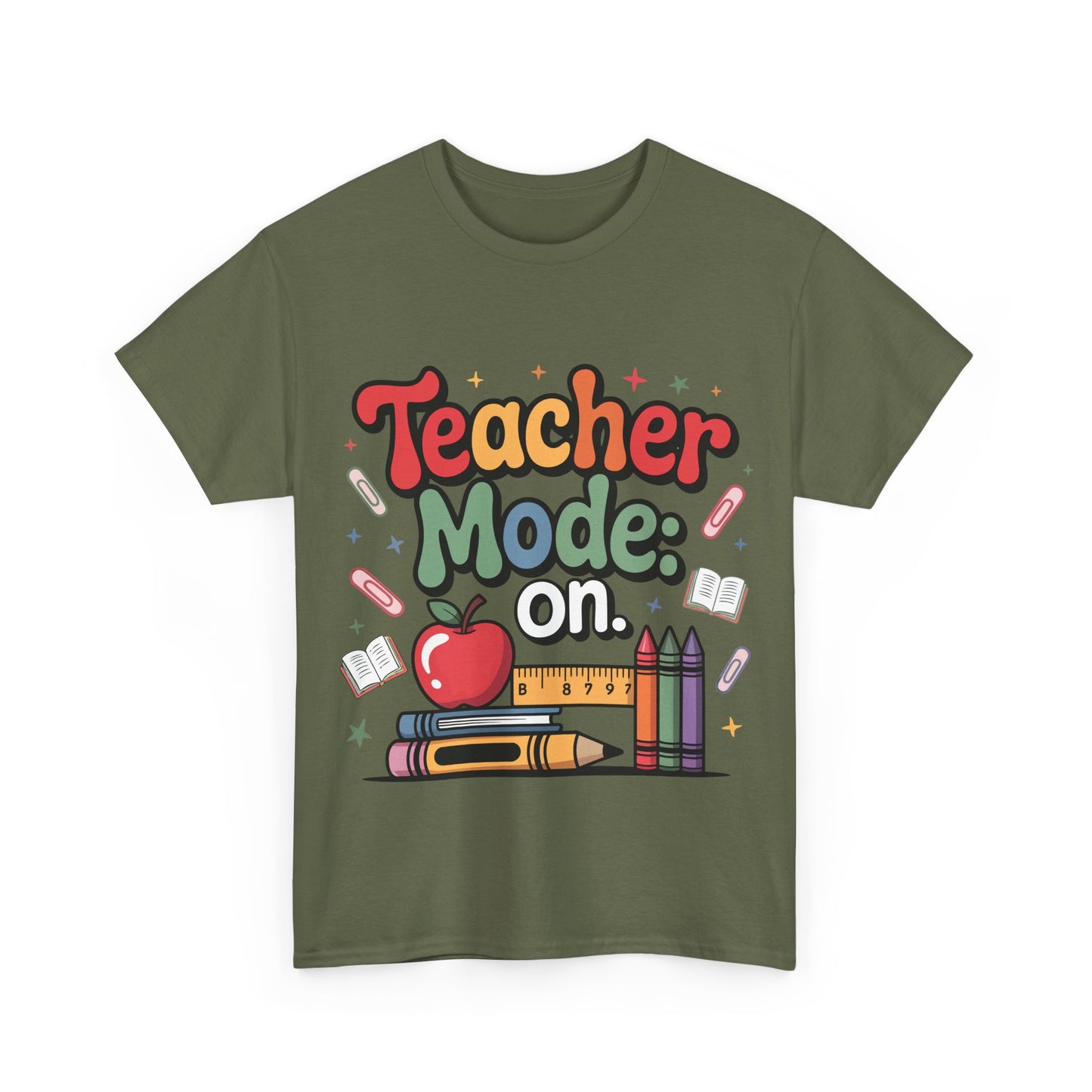Teacher Mode On Shirt - Cute Back to School Tee with Crayons, Books & Apple, Positive Teacher Gift for Classroom Heroes