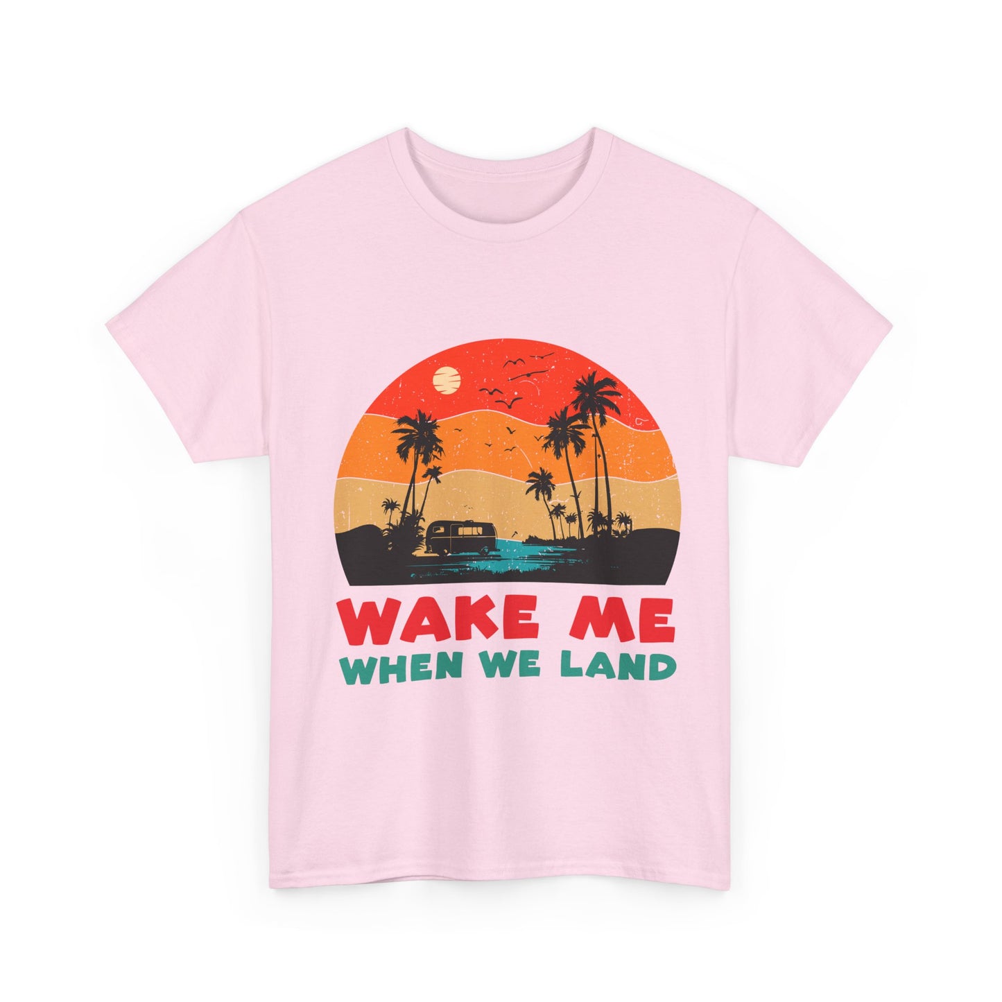 Wake Me When We Land T-Shirt - Funny Jet Lag Travel Retro Sunset Tee