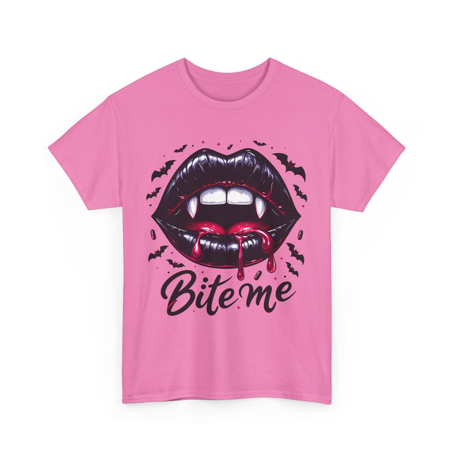 Bite Me Vampire Lips T-Shirt - Gothic Fangs & Bats Halloween Tee