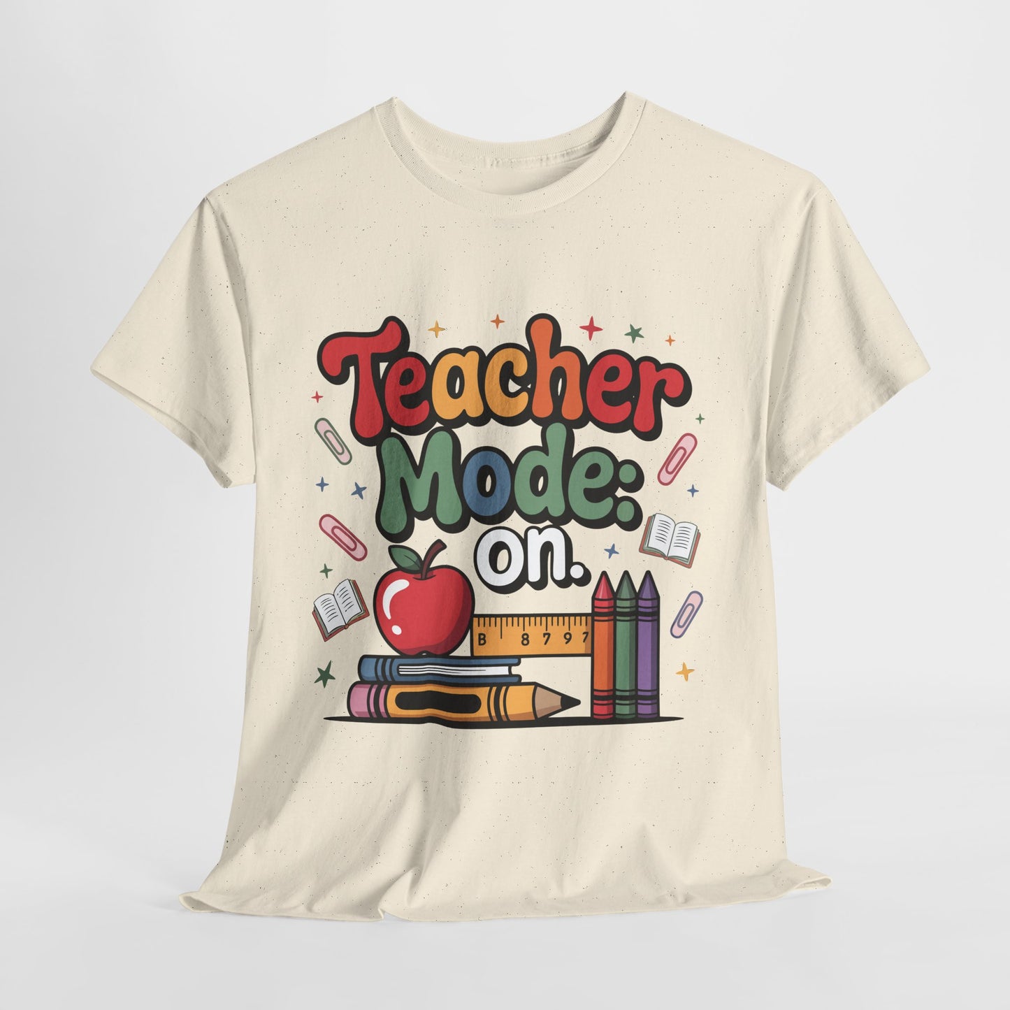 Teacher Mode On Shirt - Cute Back to School Tee with Crayons, Books & Apple, Positive Teacher Gift for Classroom Heroes