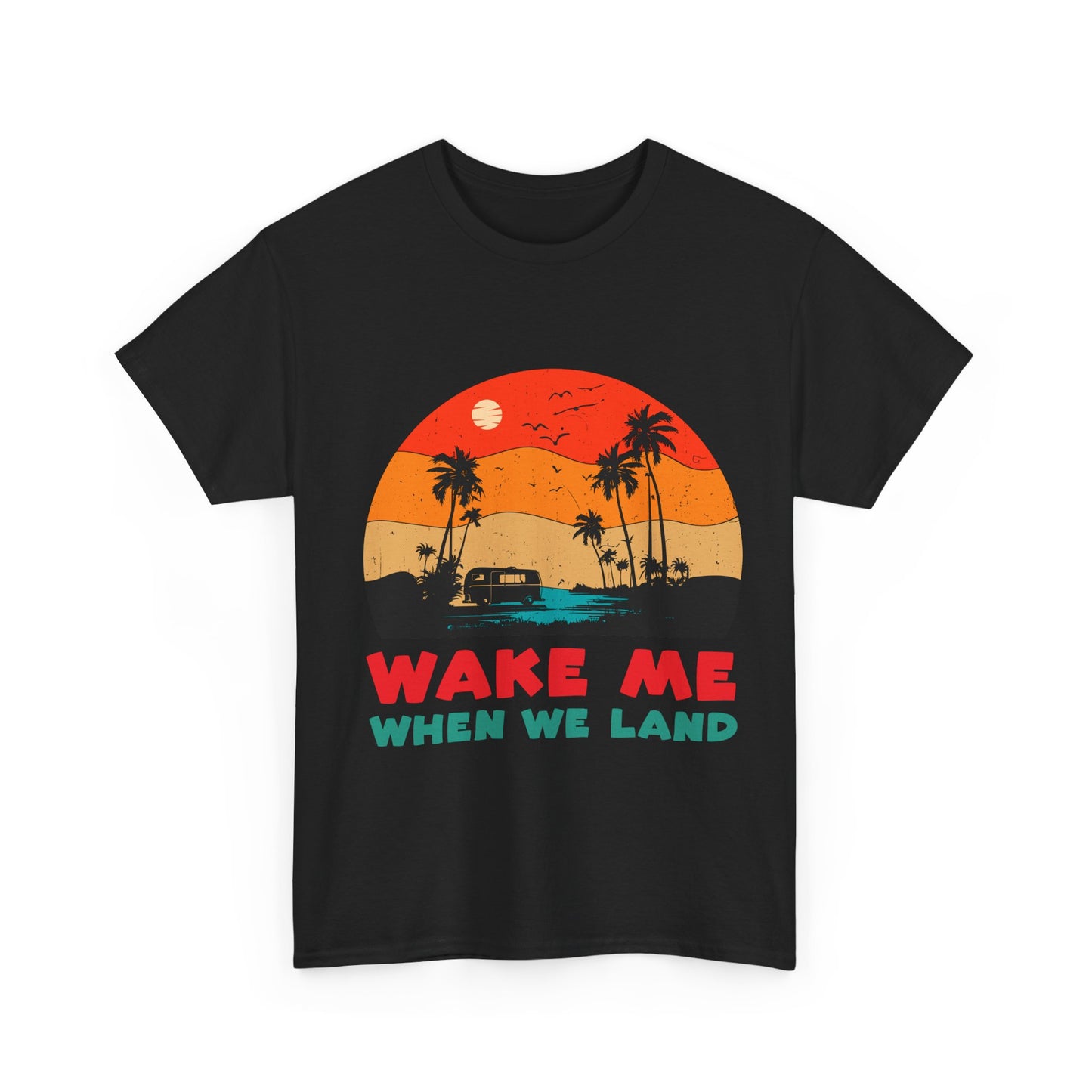 Wake Me When We Land T-Shirt - Funny Jet Lag Travel Retro Sunset Tee