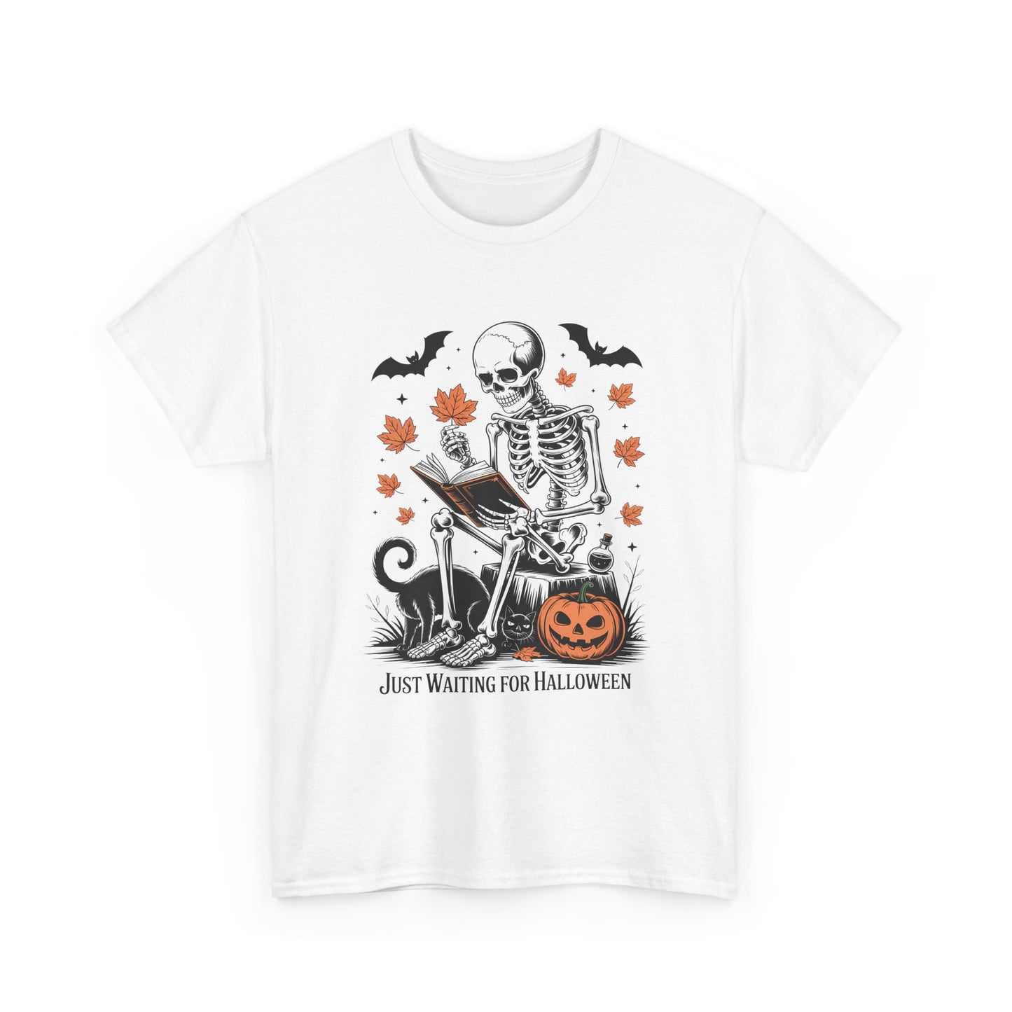Just Waiting for Halloween T-Shirt - Cozy Spooky Skeleton Reading Tee