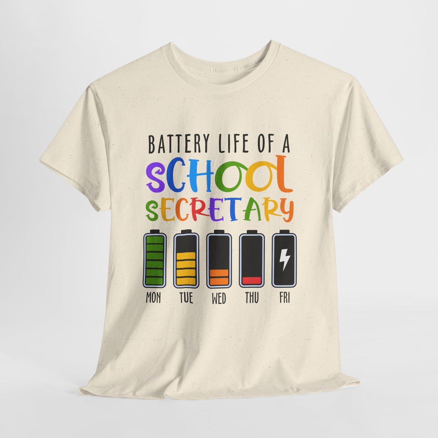 School Secretary Battery Shirt - Funny Rainbow Staff Tee for School Office Life, End of Year Exhaustion Gift for Secretaries