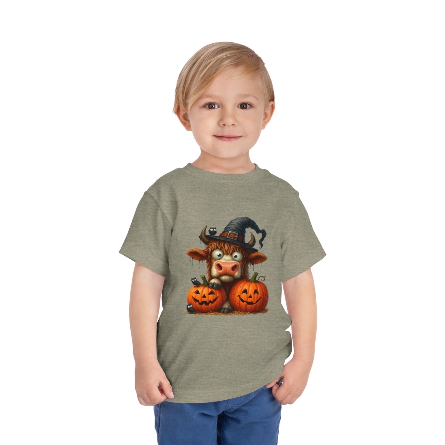Cute Highland Cow Kids T-Shirt - Witch Hat & Pumpkins Toddler Tee