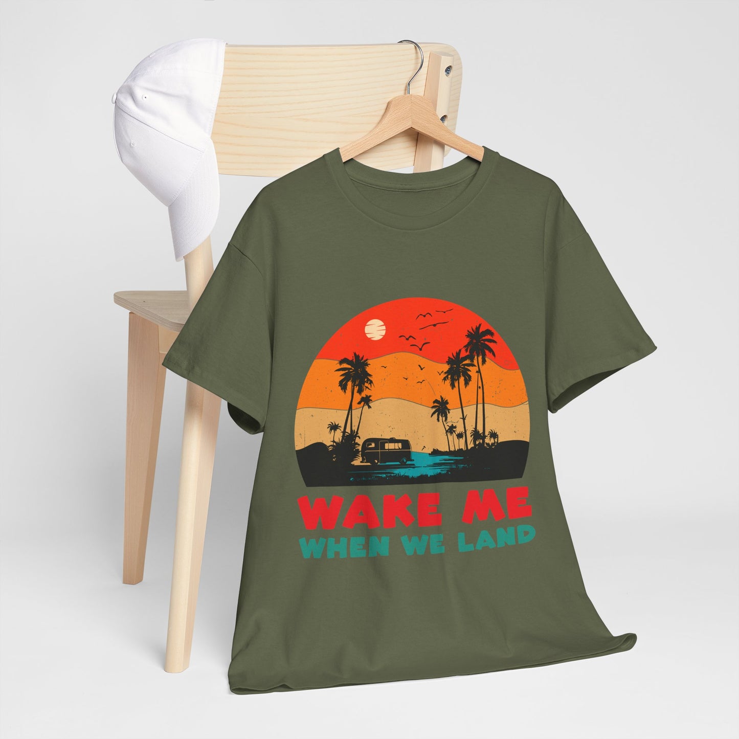 Wake Me When We Land T-Shirt - Funny Jet Lag Travel Retro Sunset Tee