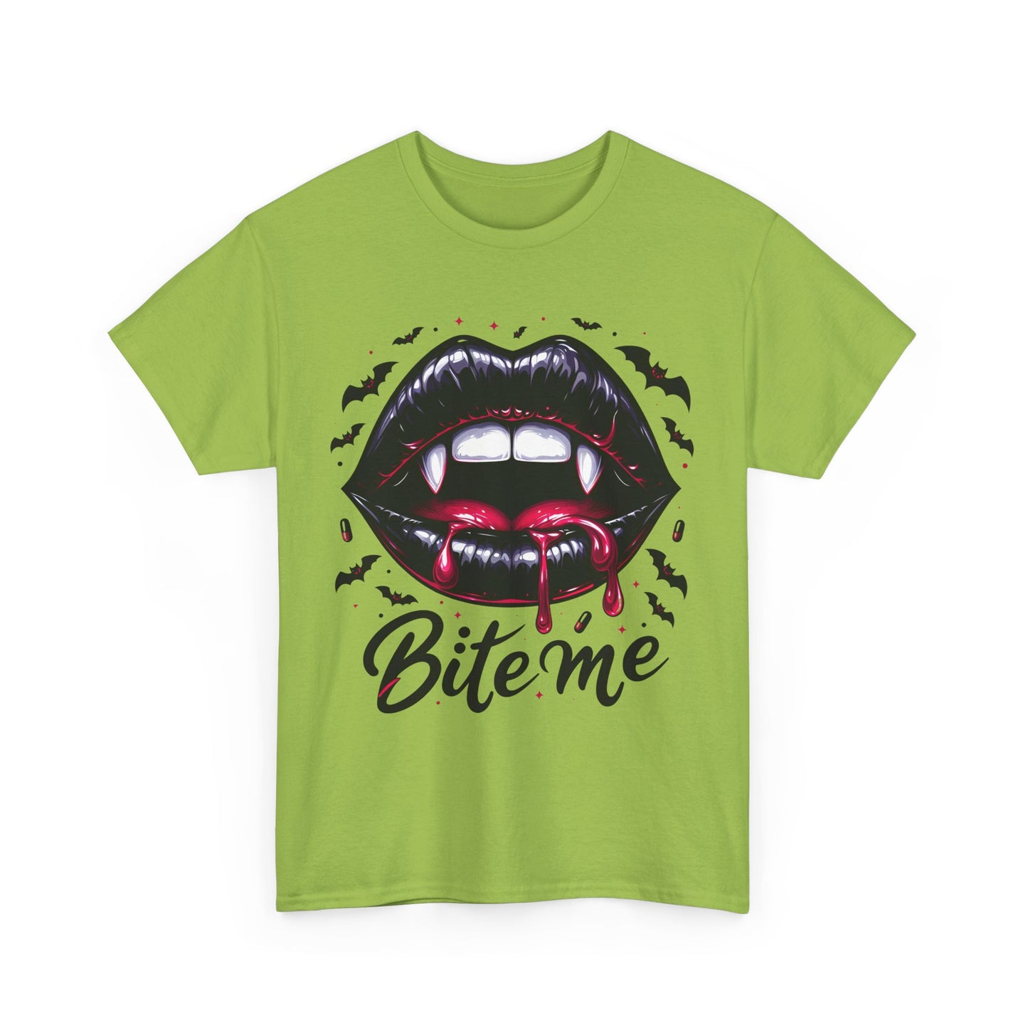 Bite Me Vampire Lips T-Shirt - Gothic Fangs & Bats Halloween Tee