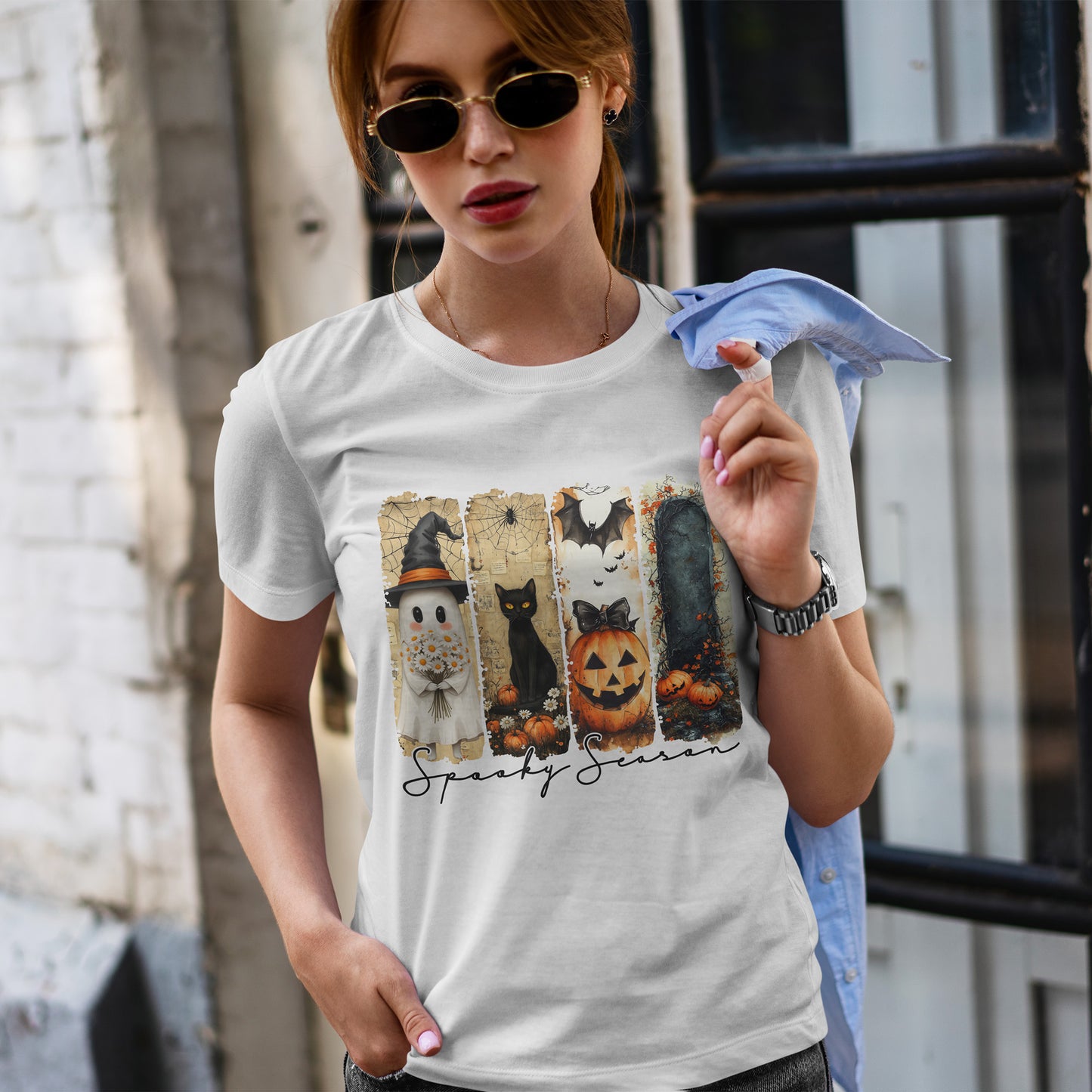 Spooky Season Panels Halloween T-Shirt with Ghost, Black Cat, Jack-O-Lantern & Bats