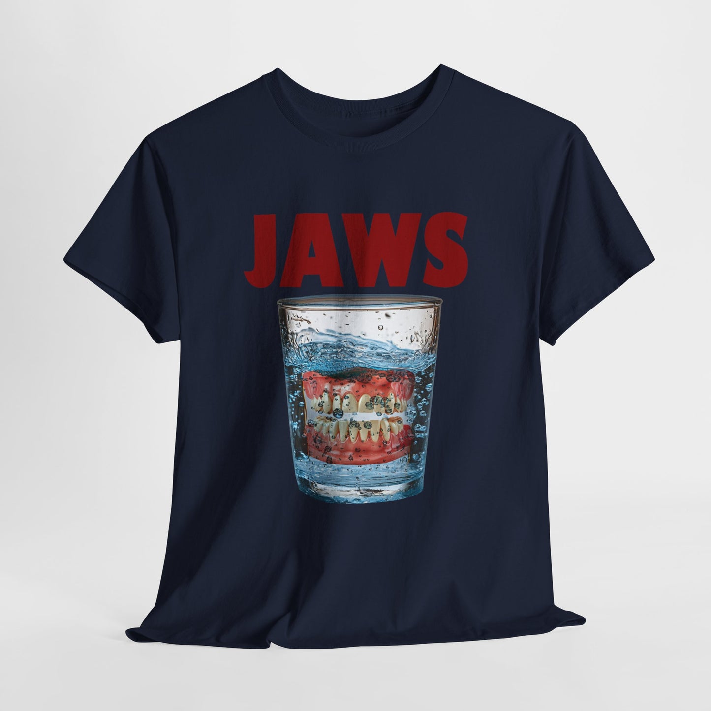 JAWS Parody - Funny Denture in Water Glass T-Shirt for Movie & Humor Fans