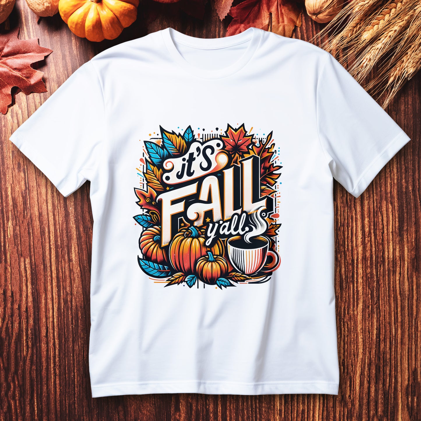 it’s fall y’all t-shirt, pumpkin spice autumn coffee lover tee with pumpkins leaves and latte