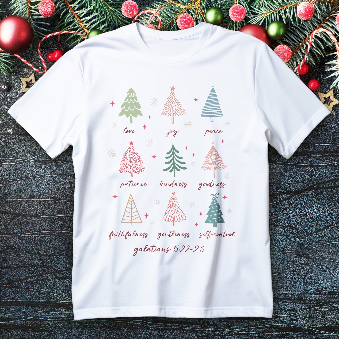 fruits of the spirit christmas t-shirt - nine pastel trees with love joy peace patience kindness goodness faithfulness gentleness self control galatians 5:22-23