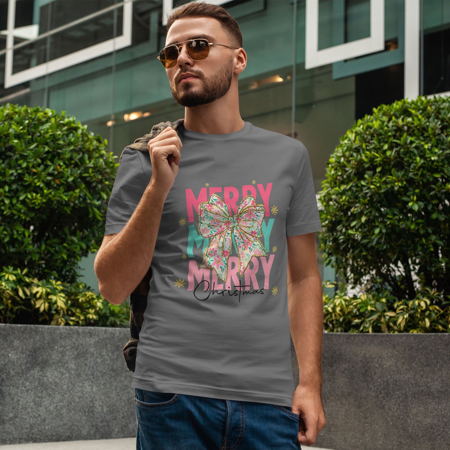 Merry Merry Merry Christmas T-Shirt - Floral Bow Pastel Tee