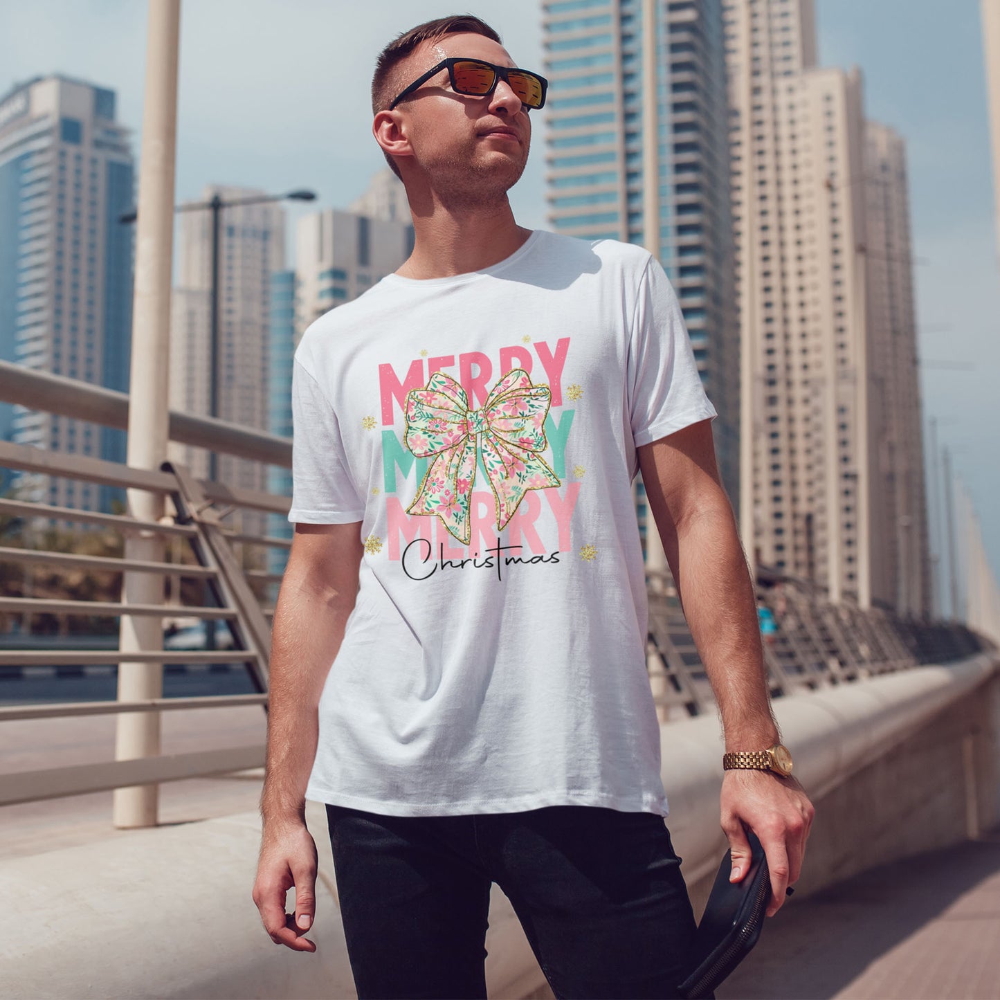 Merry Merry Merry Christmas T-Shirt - Floral Bow Pastel Tee