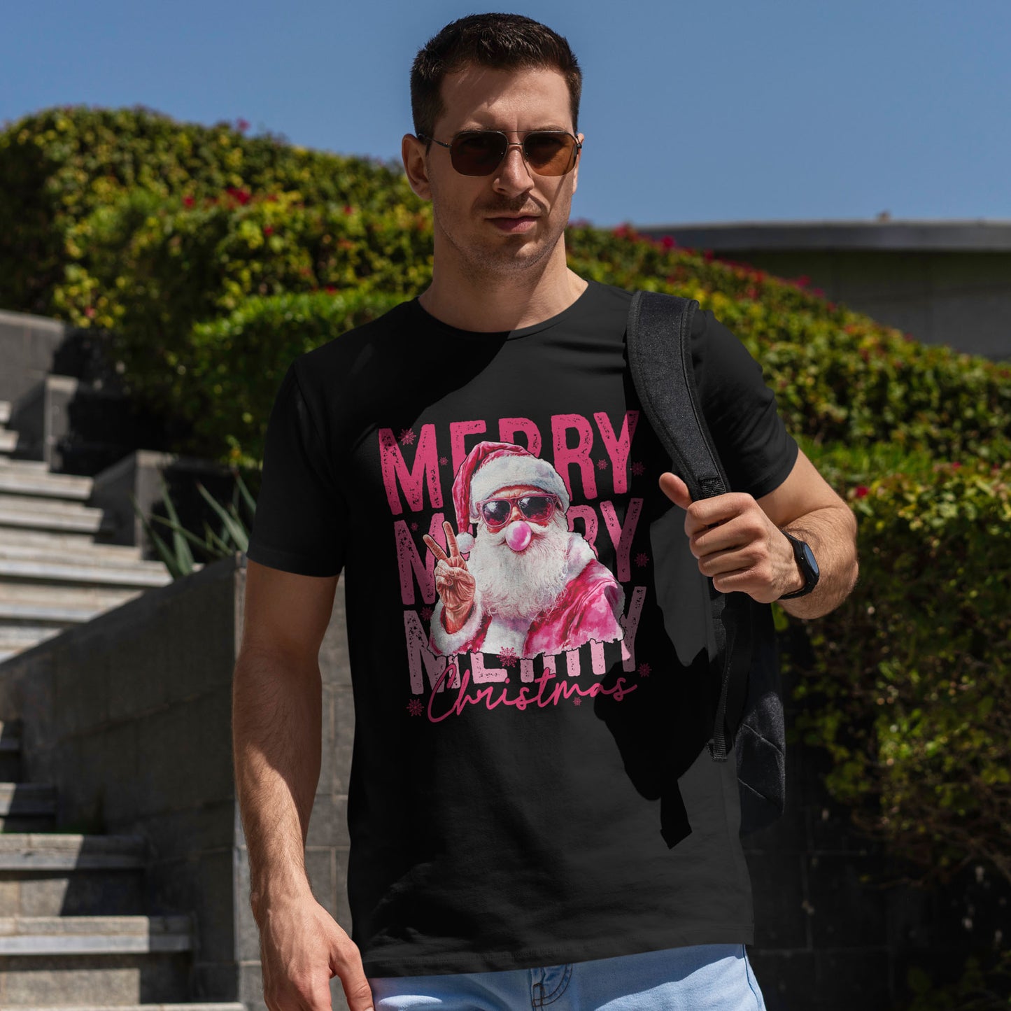 Cool Santa Bubblegum T-Shirt - Pink Merry Christmas Tee