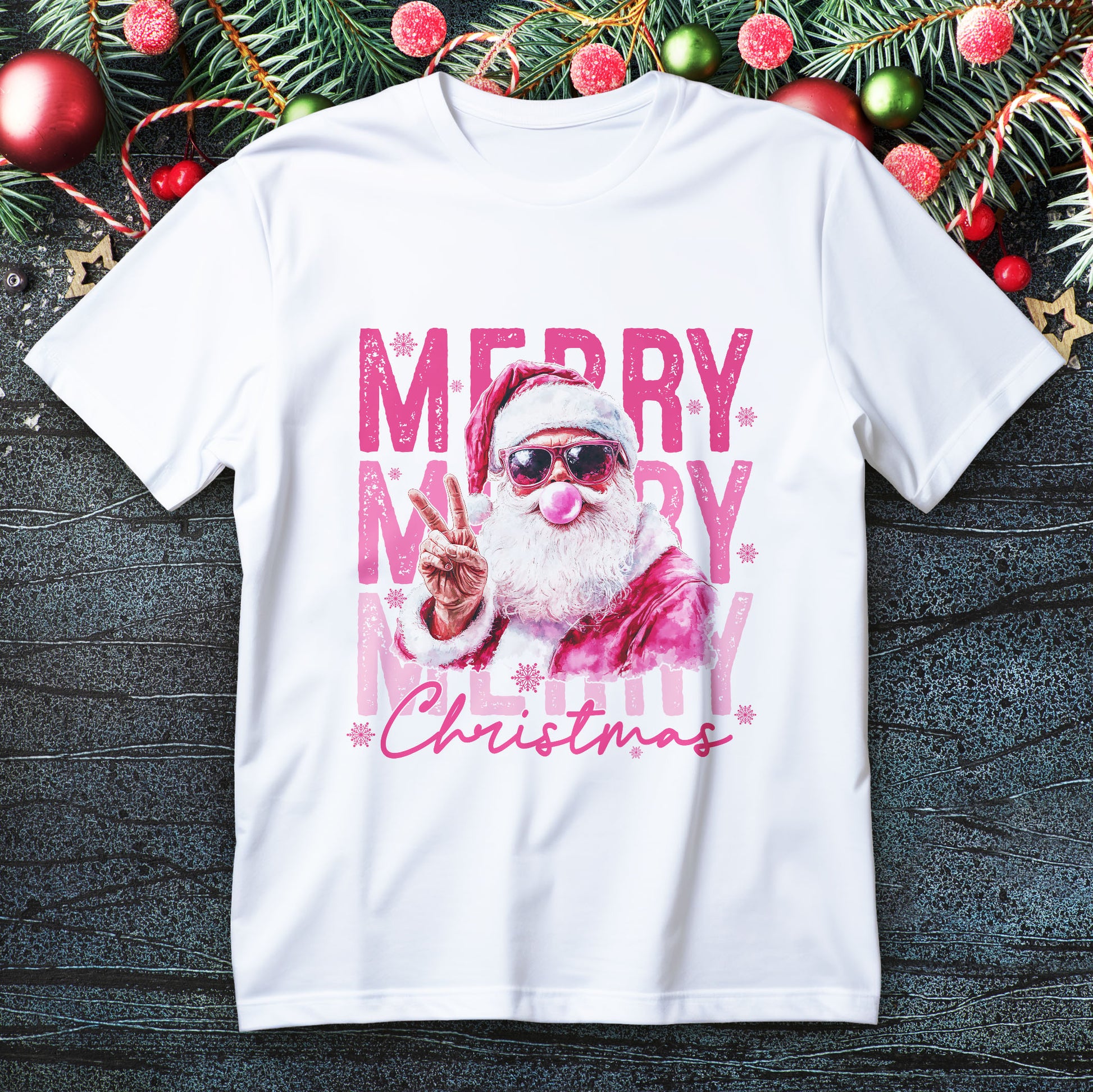 pink bubblegum santa t-shirt - cool santa with sunglasses peace sign merry christmas graphic