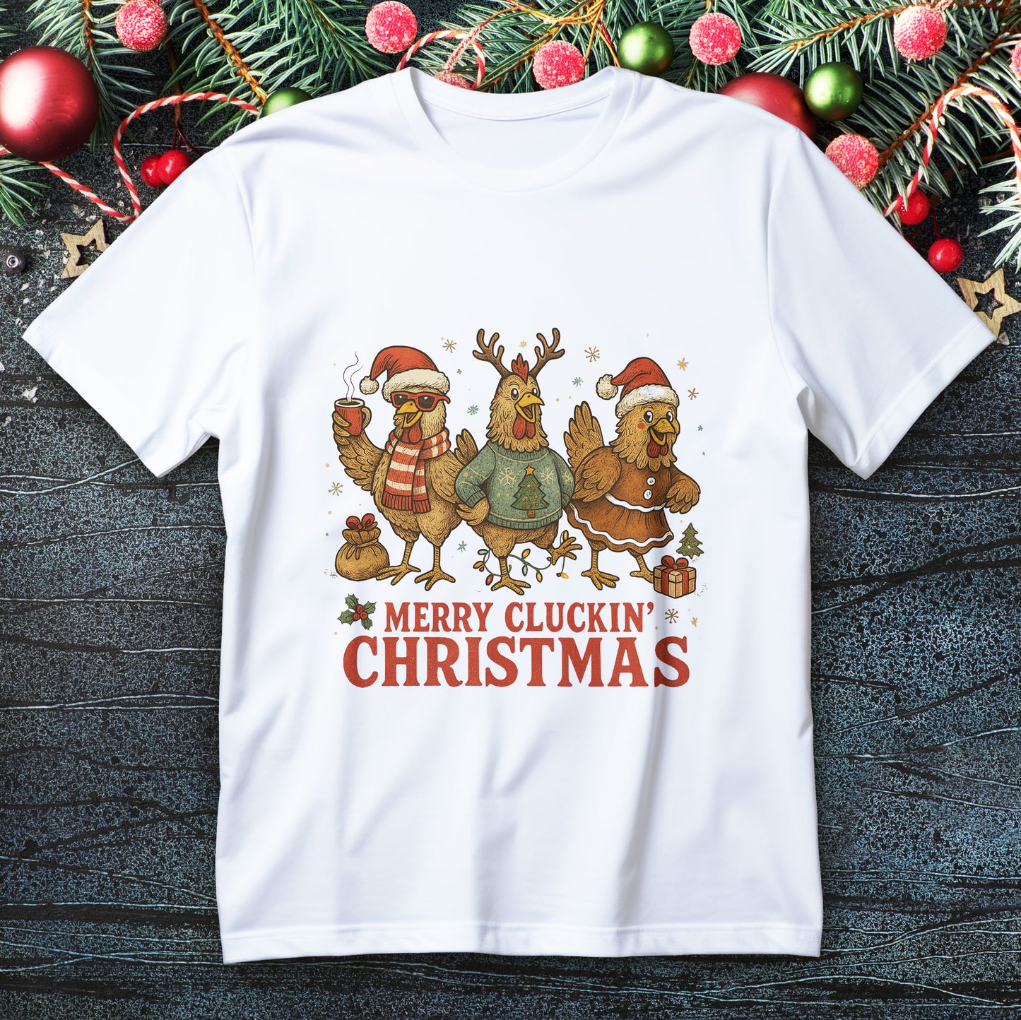 merry cluckin christmas chicken t-shirt - three festive hens santa hat reindeer antlers gingerbread dress