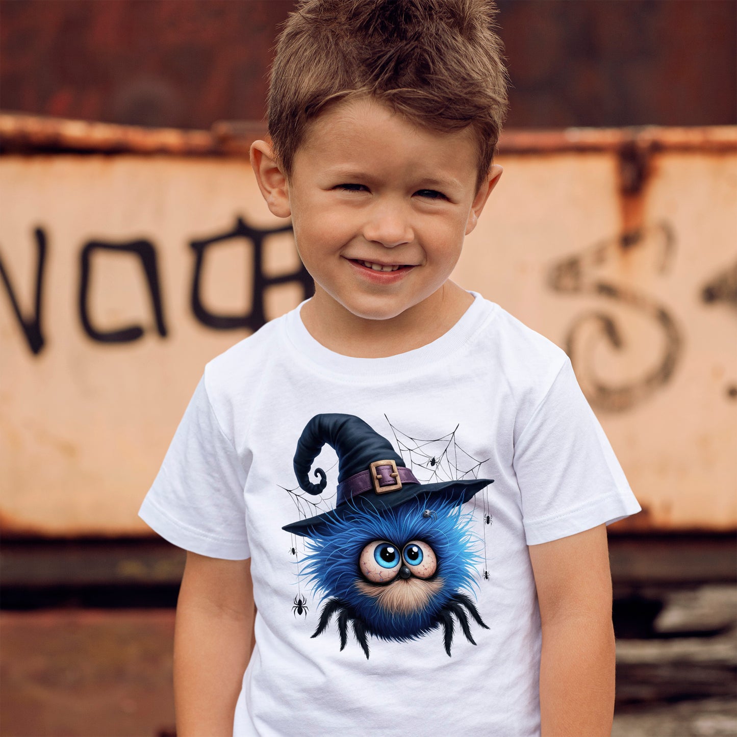 Cute Blue Fuzzy Spider Kids T-Shirt - Witch Hat Halloween Toddler Tee