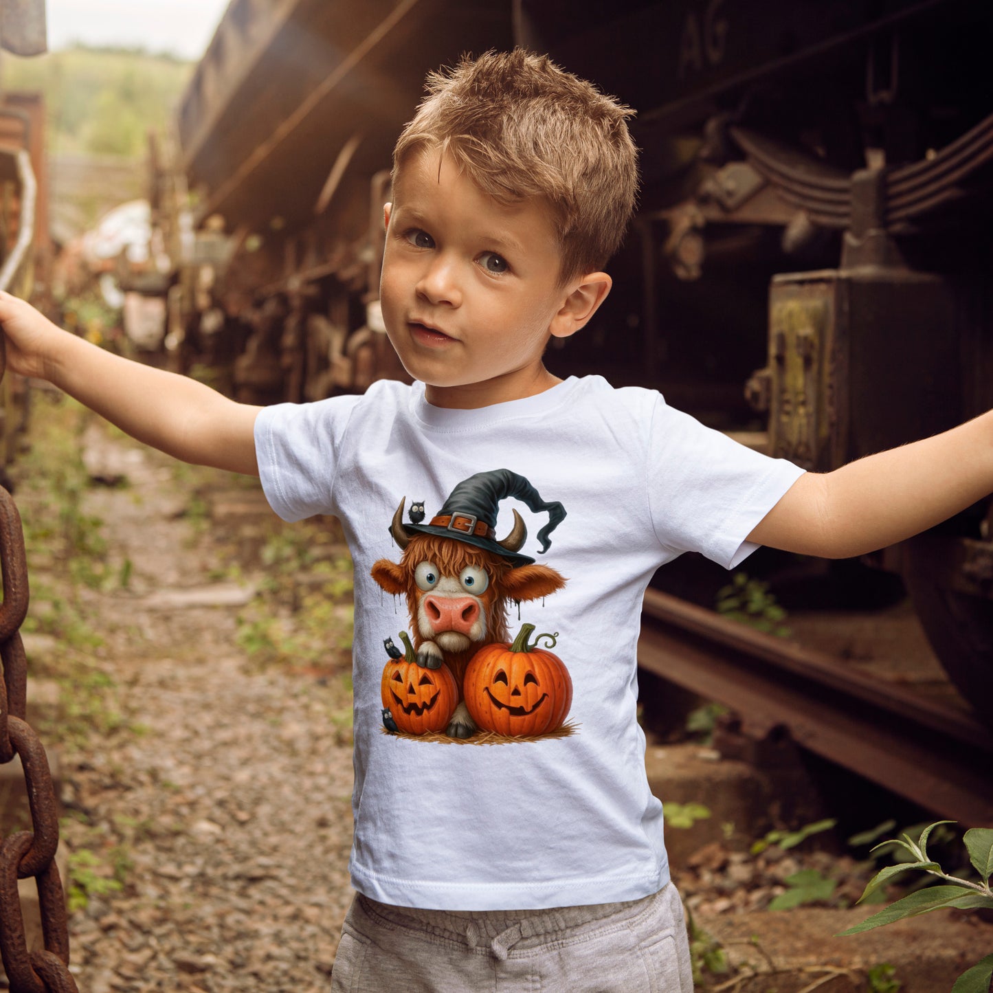 Cute Highland Cow Kids T-Shirt - Witch Hat & Pumpkins Toddler Tee