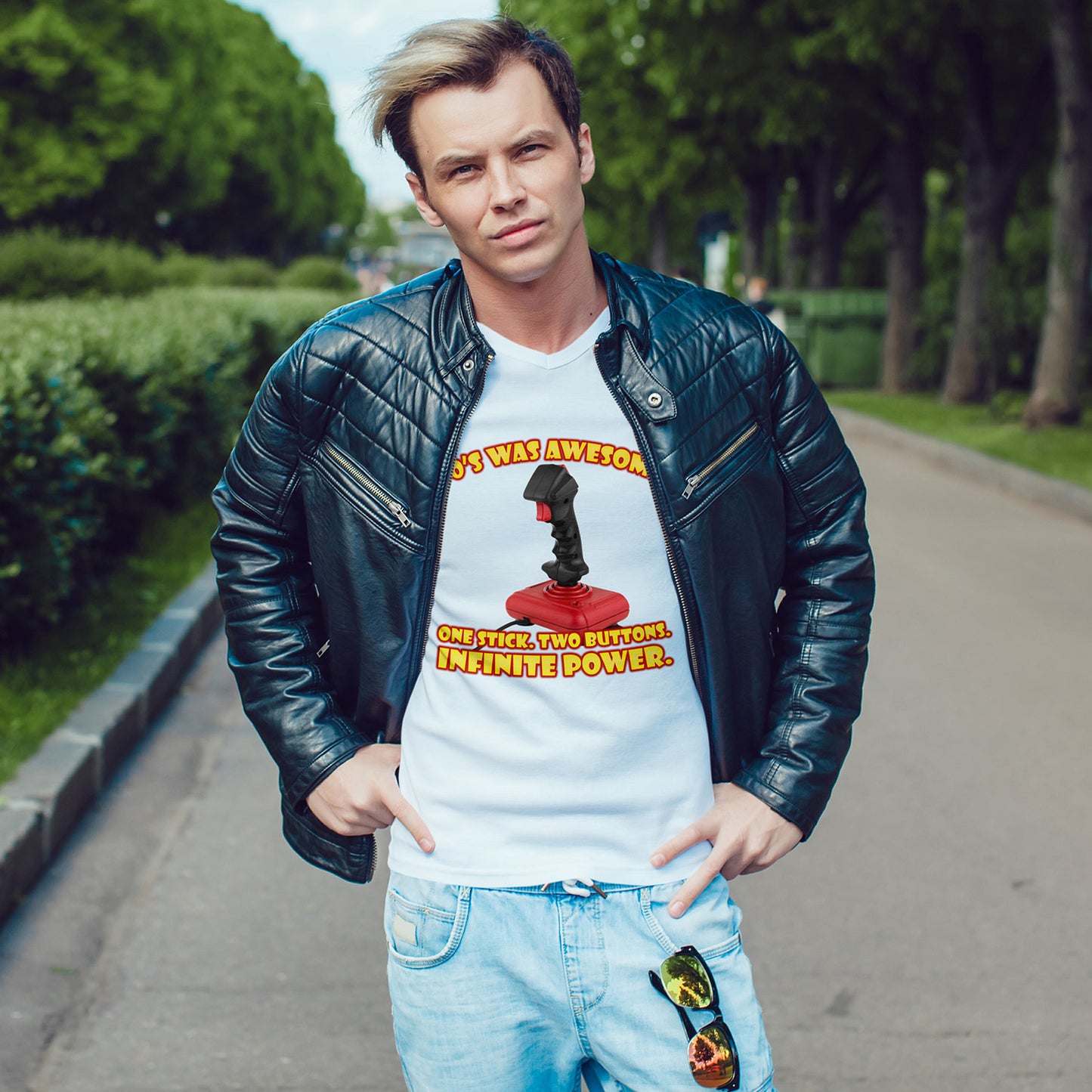 Koszulka z jednym drążkiem, dwoma przyciskami i nieskończoną mocą – koszulka retro z joystickiem dla graczy