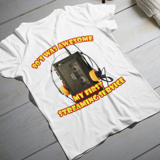 my first streaming service t-shirt - retro cassette player with orange foam headphones 90s nostalgia graphic