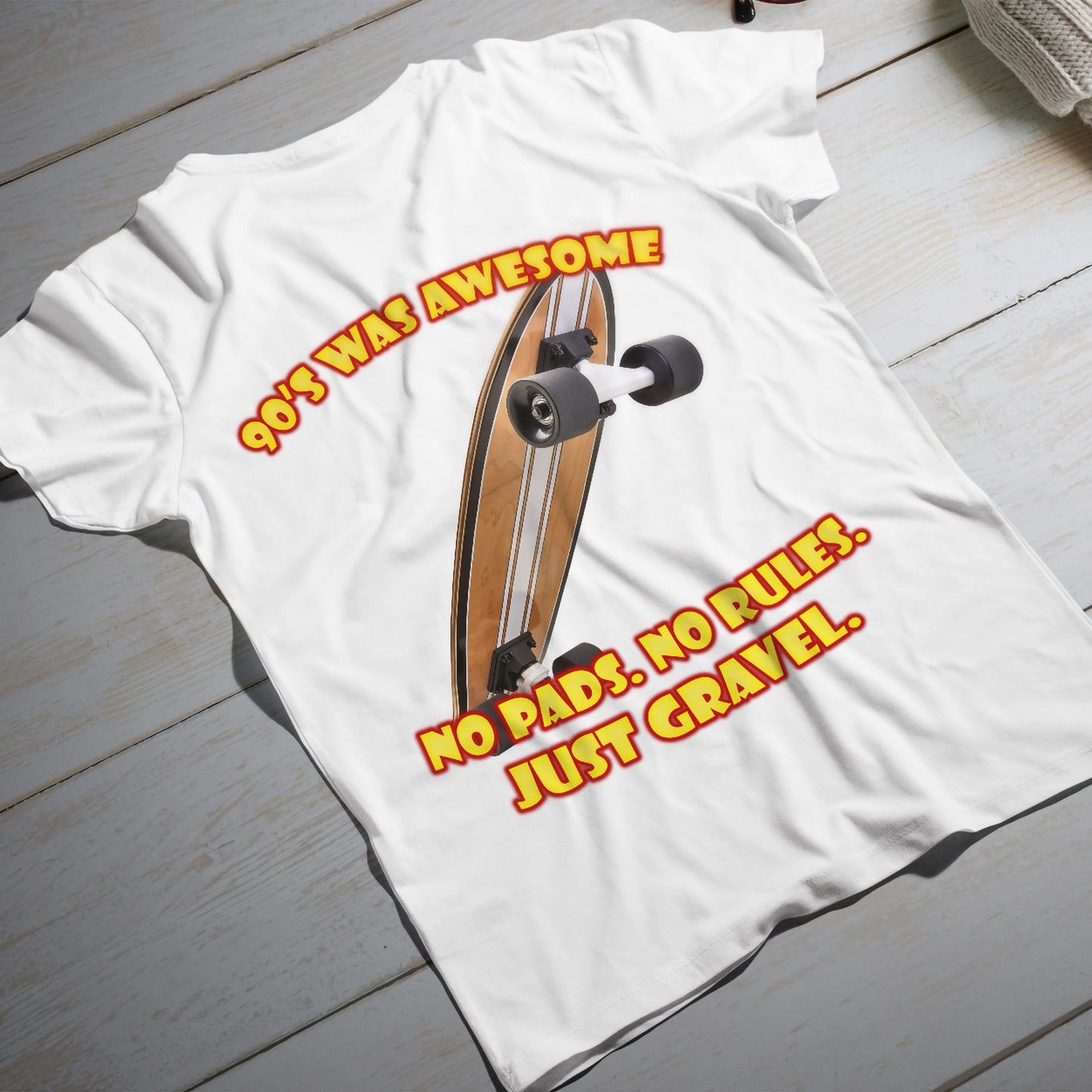 no pads no rules just gravel t-shirt - retro 90s skate graphic with longboard and bold yellow red text