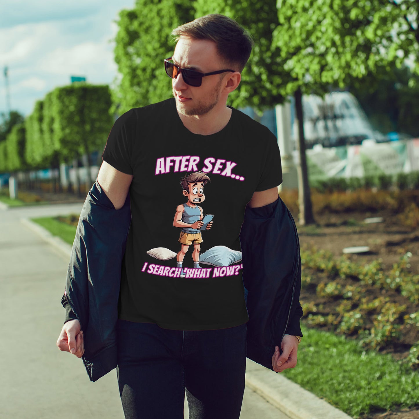 After Sex I Search What Now Shirt - Funny Modern Dating Tee - Sarcastic Cartoon T-Shirt for Digital Love Survivors