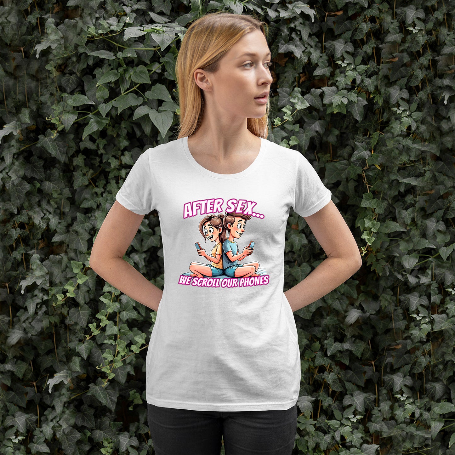 After Sex We Scroll Our Phones Shirt - Funny Modern Love Cartoon Tee - Sarcastic Dating Humor T-Shirt