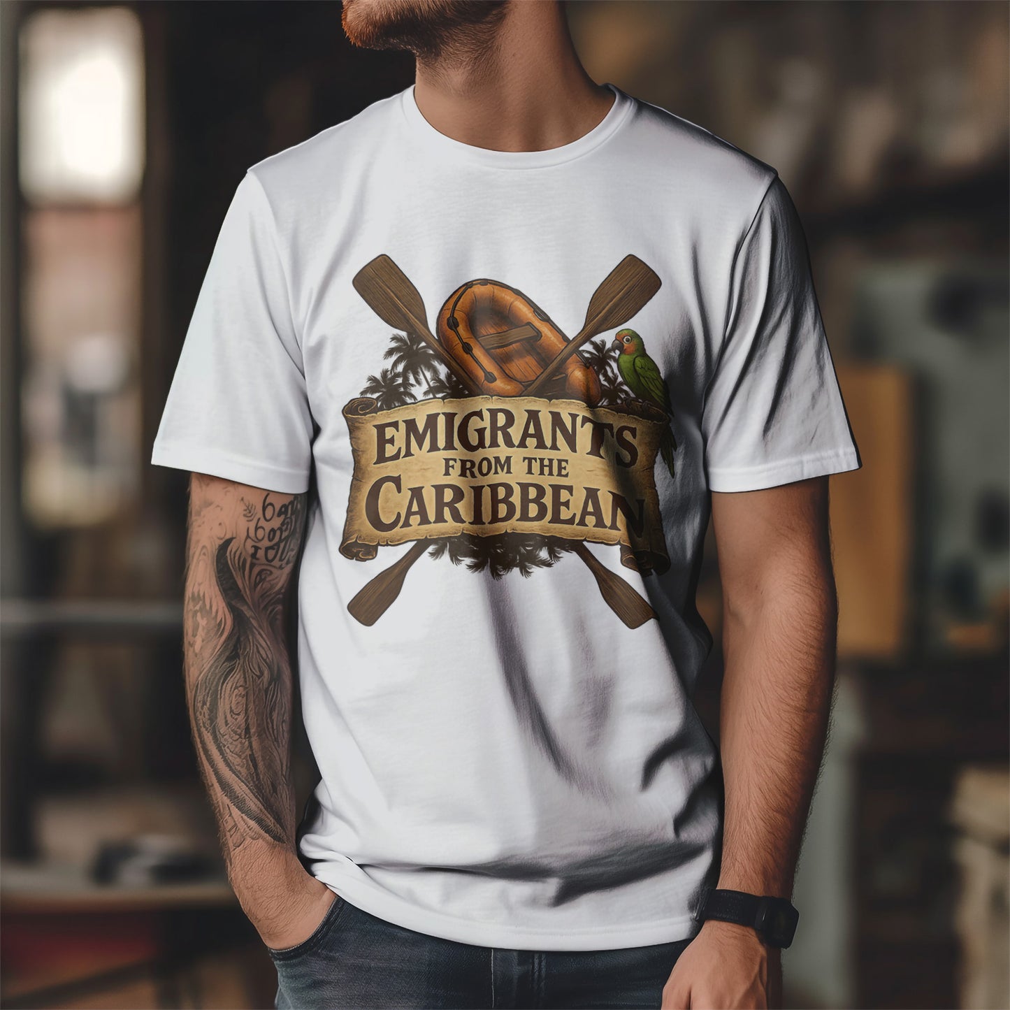 Emigrants from the Caribbean - Funny Pirate-Style Tropical Escape T-Shirt