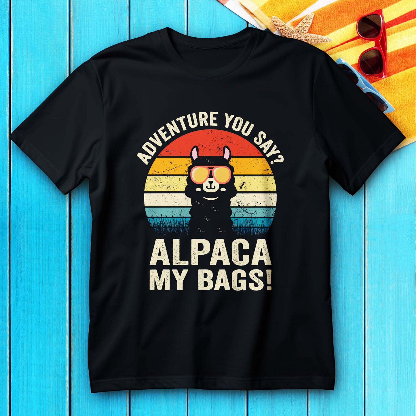 alpaca my bags t-shirt, funny llama travel retro sunset tee