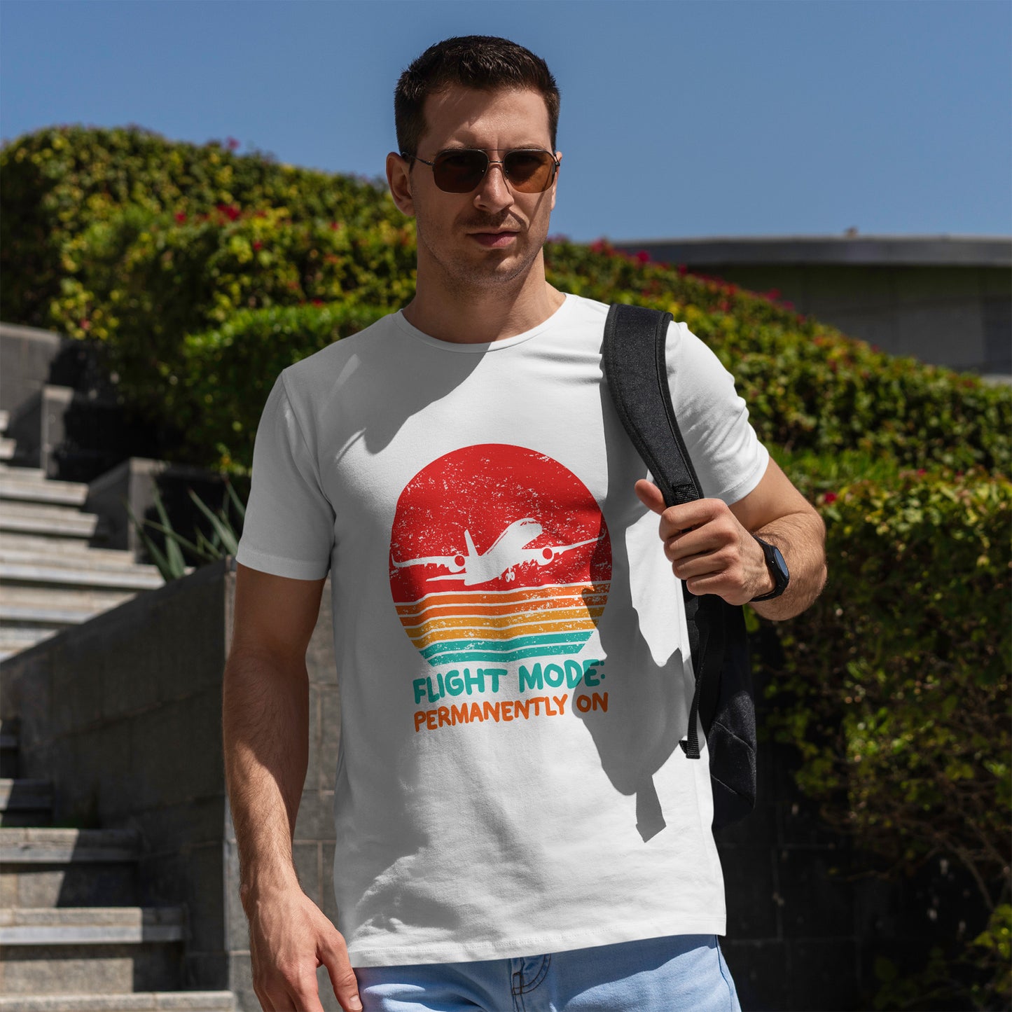 Flight Mode Permanently On T-Shirt - Funny Jet Lag Retro Sunset Tee