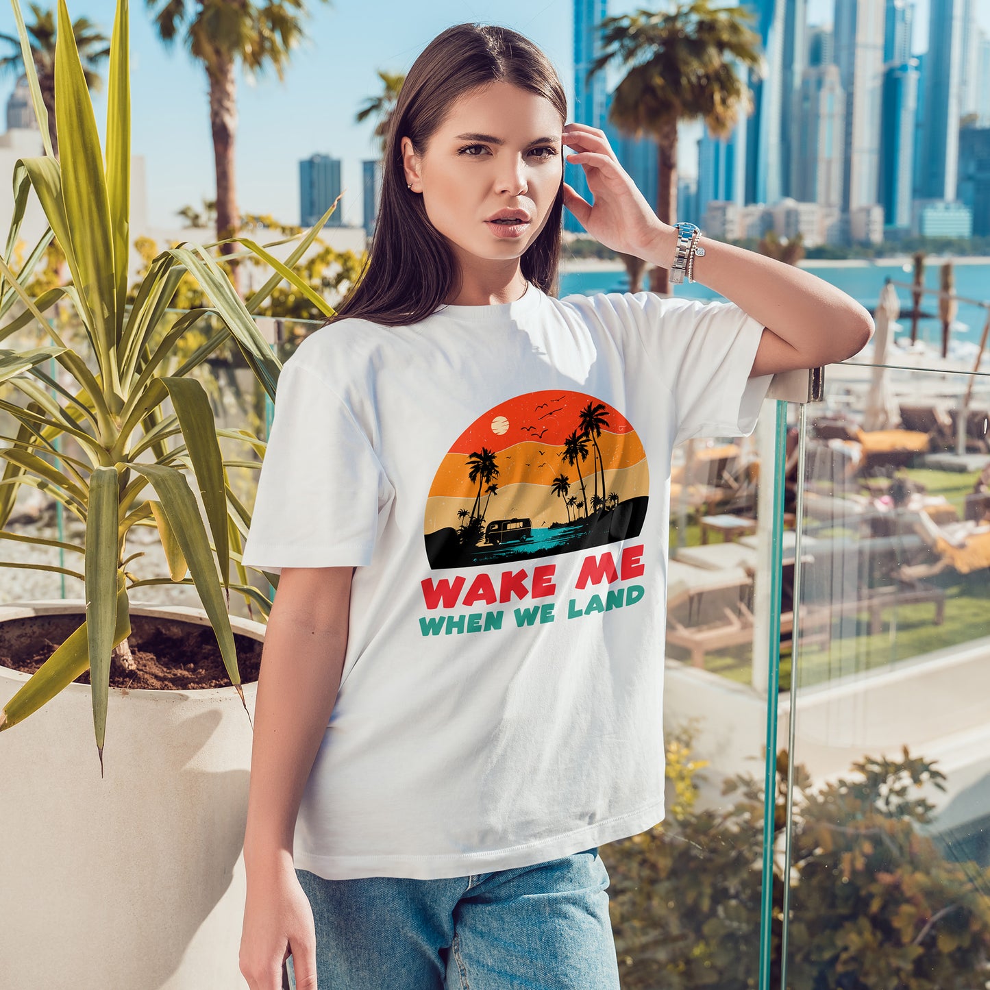 Wake Me When We Land T-Shirt - Funny Jet Lag Travel Retro Sunset Tee