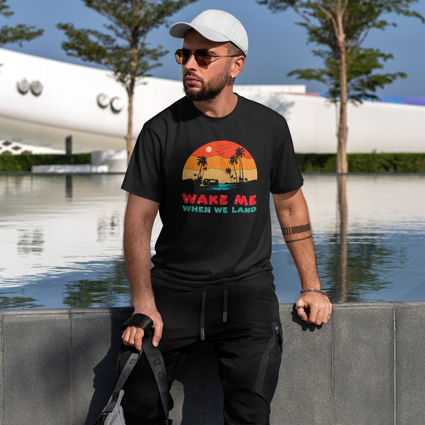 Wake Me When We Land T-Shirt - Funny Jet Lag Travel Retro Sunset Tee