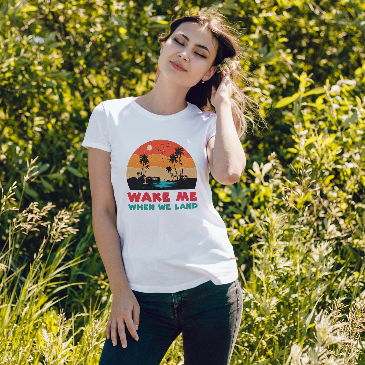Wake Me When We Land T-Shirt - Funny Jet Lag Travel Retro Sunset Tee