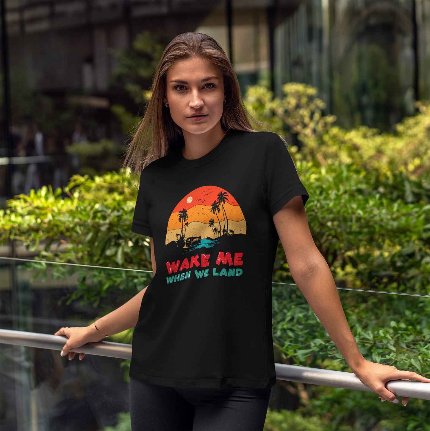 Wake Me When We Land T-Shirt - Funny Jet Lag Travel Retro Sunset Tee
