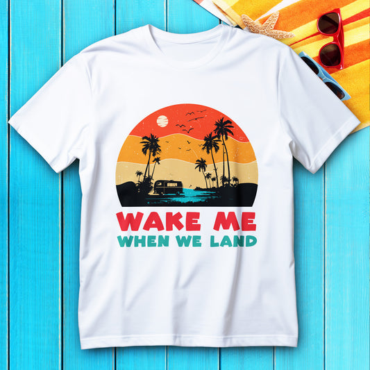 wake me when we land t-shirt, funny jet lag travel tee with retro sunset palms and camper